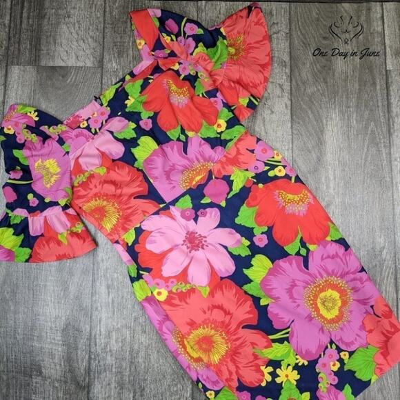 Trina Turk Kanan Square Neck Ruffle Sleeve Shift Dress Size 4 - Picture 3 of 6